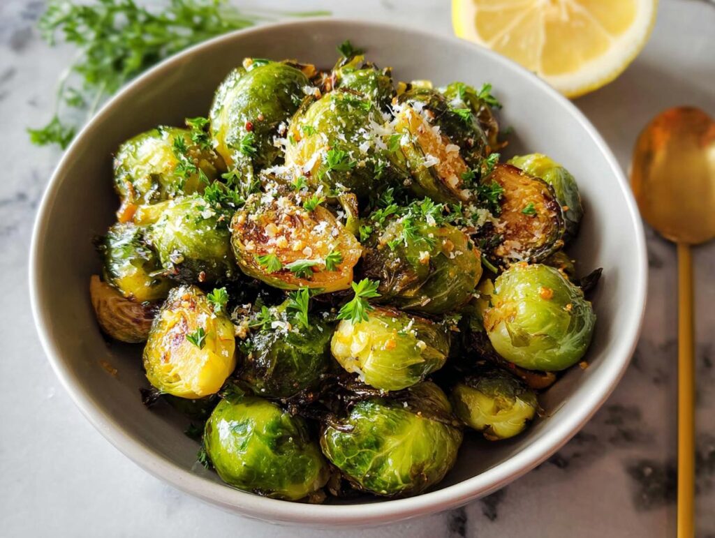A bowl of roasted Brussels sprouts, a delicious Thanksgiving side dish, garnished with parsley and parmesan.