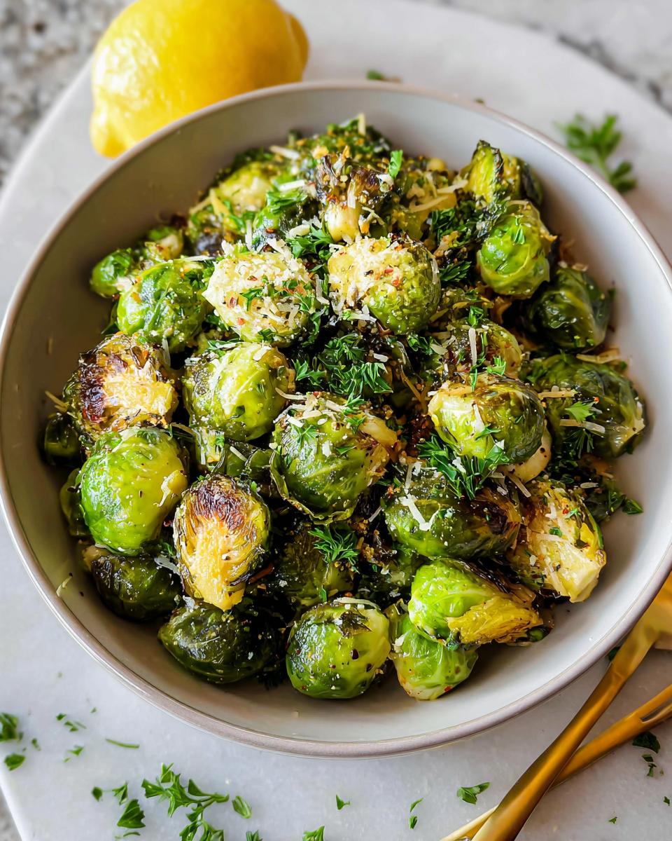 Bowl of roasted Brussels sprouts with Parmesan cheese and parsley, a perfect Thanksgiving side dish.