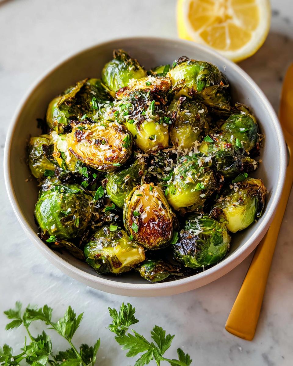 A bowl of roasted Brussels sprouts, a perfect Thanksgiving side dish, sprinkled with Parmesan and herbs, with a lemon wedge in the background.