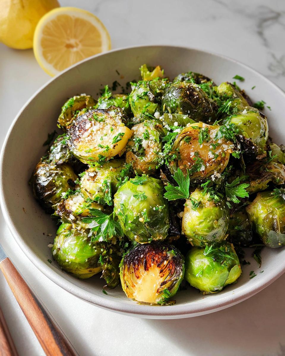 Close-up of roasted Brussels sprouts with lemon and parsley, a perfect Thanksgiving side dish.