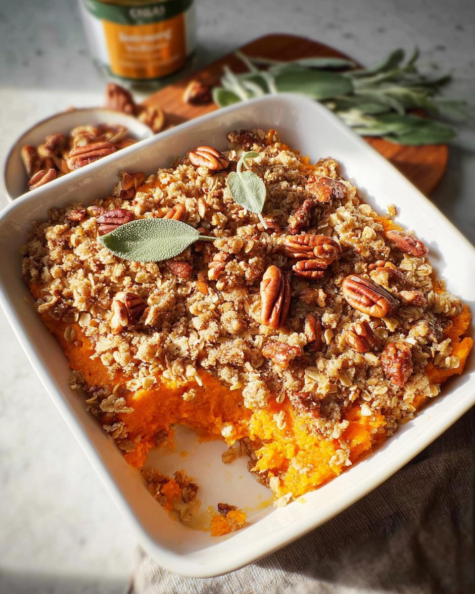 A scoop taken out of a sweet potato casserole topped with pecans and crumble, a perfect Thanksgiving side dish.