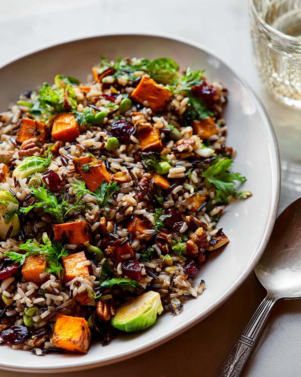 A vibrant Thanksgiving side dish featuring wild rice salad with roasted butternut squash, Brussels sprouts, cranberries, and pecans.