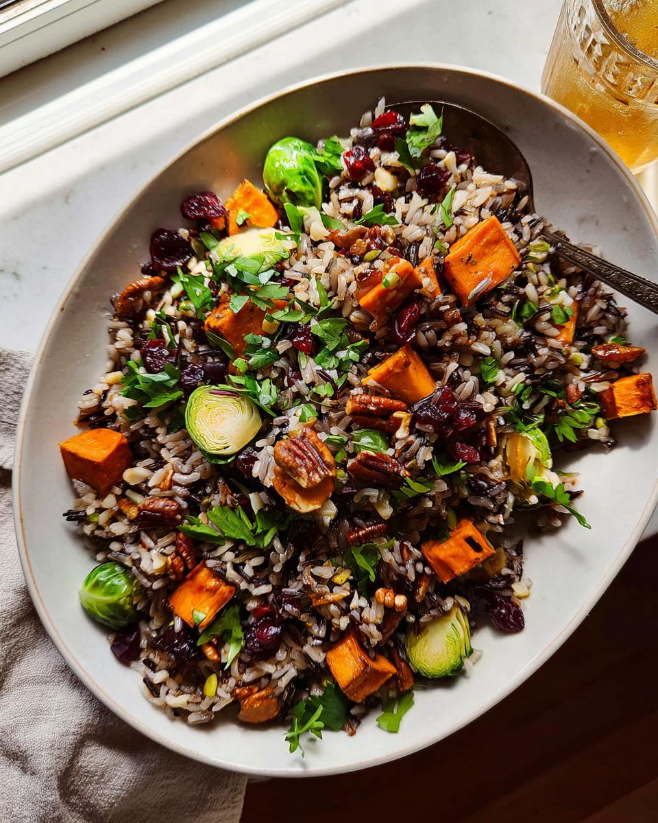 A vibrant Thanksgiving side dish of wild rice salad with roasted sweet potatoes, cranberries, pecans, and Brussels sprouts.