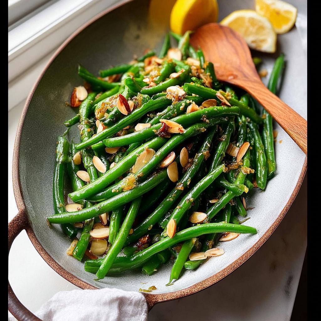 A close-up of vibrant green beans almondine topped with toasted almonds and lemon zest, a perfect Thanksgiving side dish.