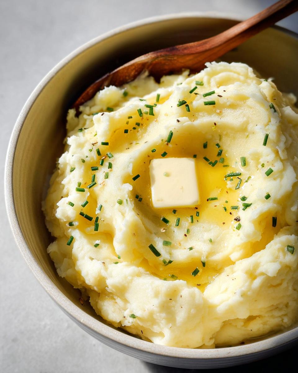 Close-up of creamy mashed potatoes in a bowl, topped with melted butter and chives, a Thanksgiving side dish.