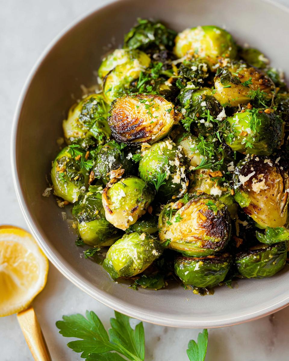 Close-up of roasted Brussels sprouts, a perfect Thanksgiving side dish, sprinkled with herbs and cheese.