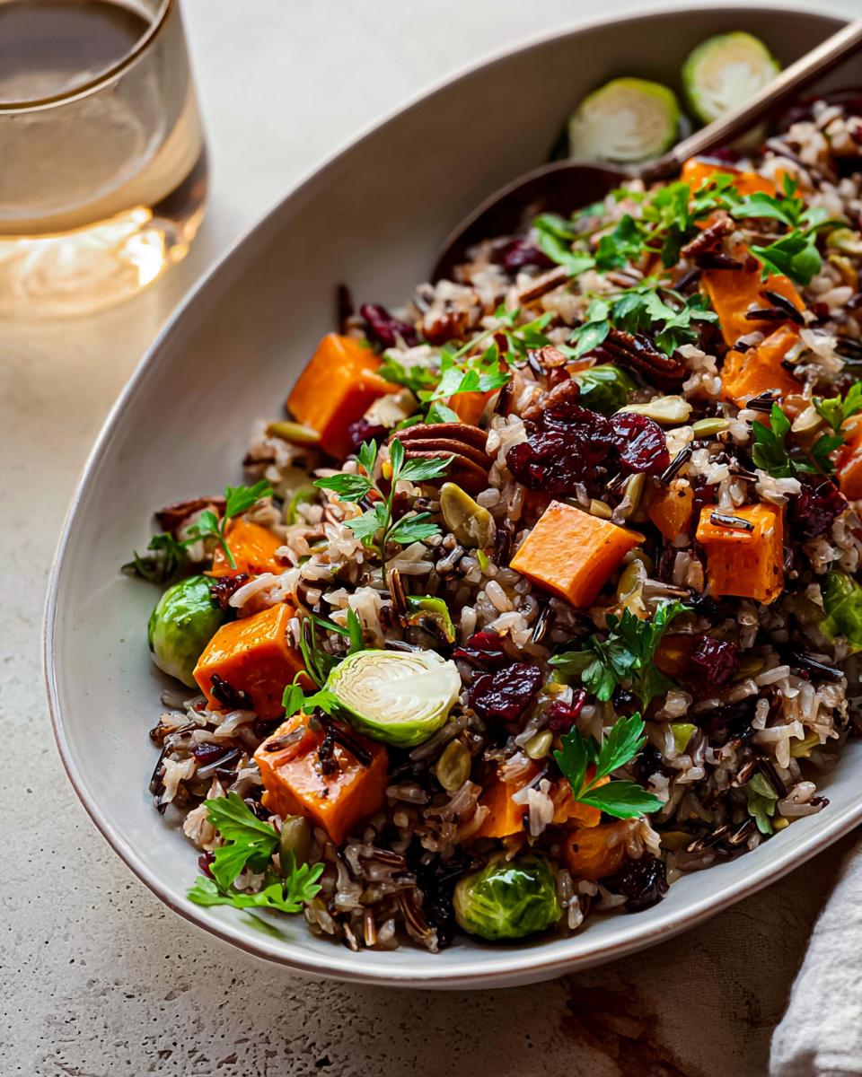 A festive Thanksgiving side dish: wild rice salad with roasted butternut squash, dried cranberries, pecans, and Brussels sprouts.