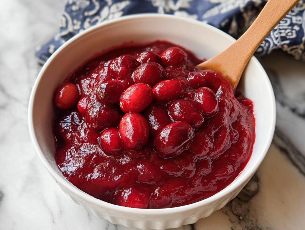 A bowl of homemade cranberry sauce with whole cranberries, a Thanksgiving side dish.