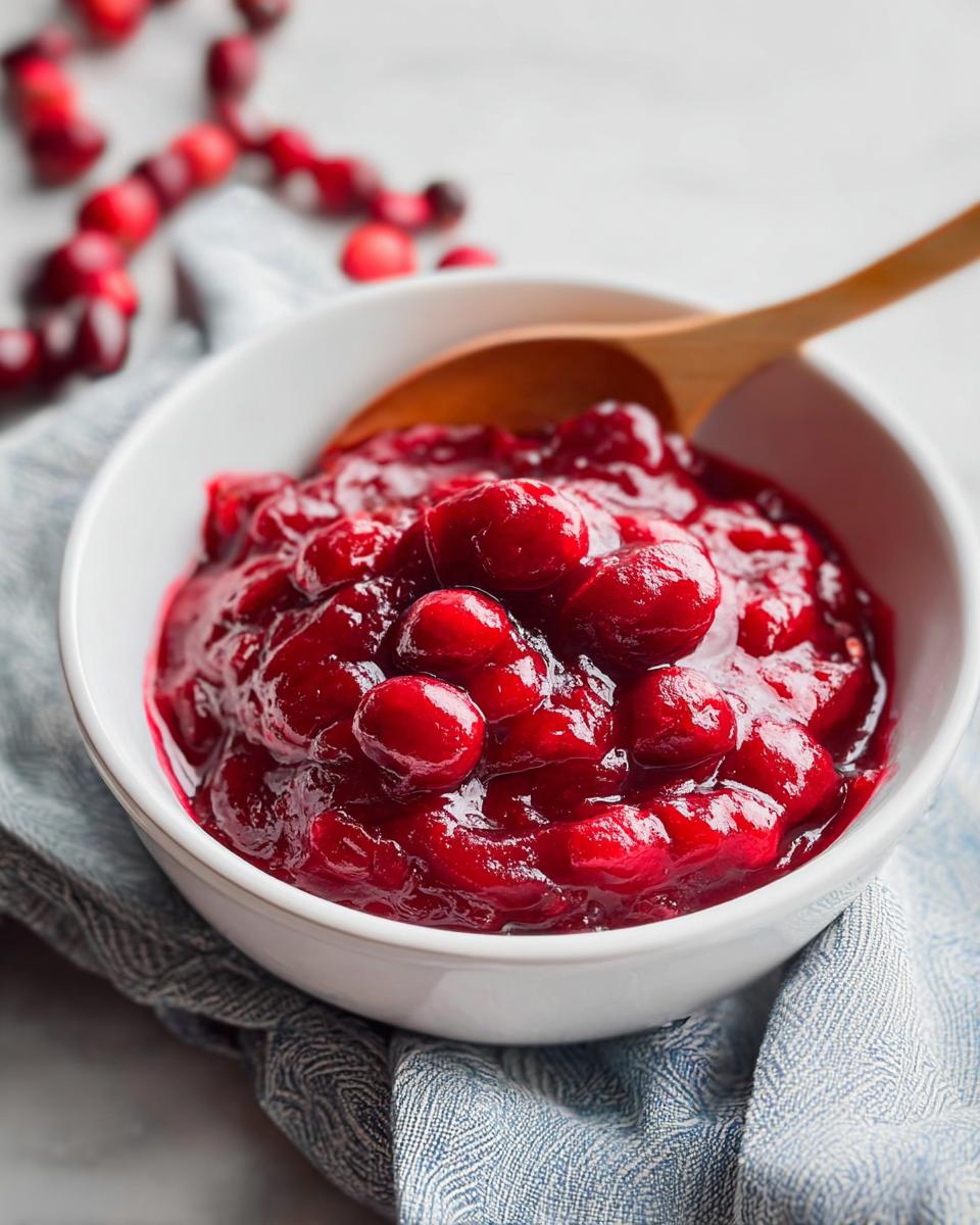 A bowl of glistening homemade cranberry sauce with whole cranberries, a wooden spoon, and scattered cranberries in the background. Perfect for Thanksgiving Sides.