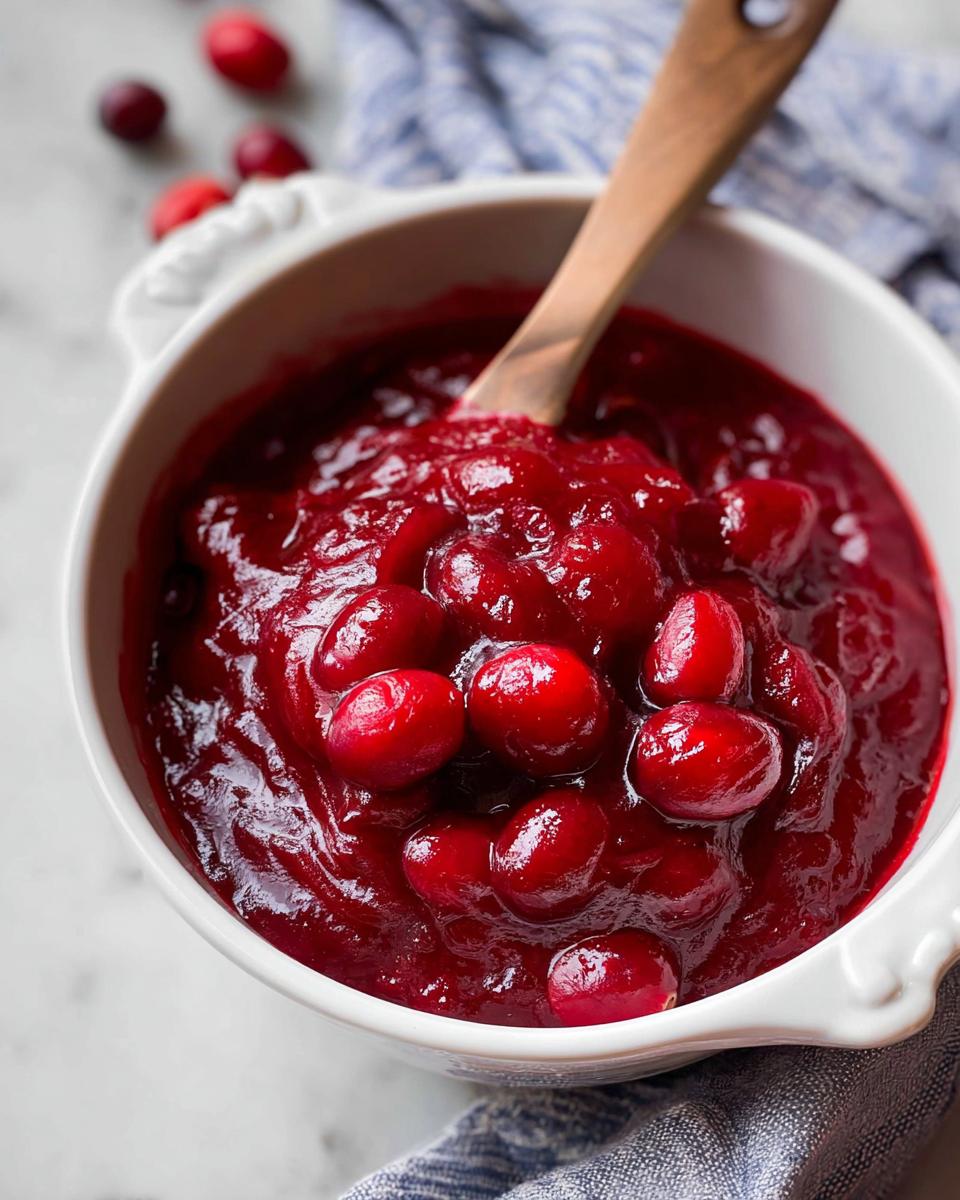 Close-up of homemade cranberry sauce with whole cranberries in a white bowl, a wooden spoon resting inside, perfect for Thanksgiving sides.