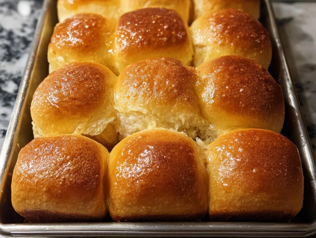 Close-up of golden brown dinner rolls in a baking pan, a perfect addition to Thanksgiving sides.