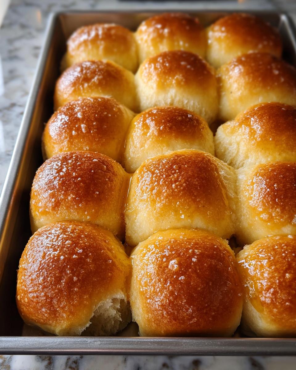 Close-up of golden brown, fluffy dinner rolls in a baking pan, a popular Thanksgiving side dish.