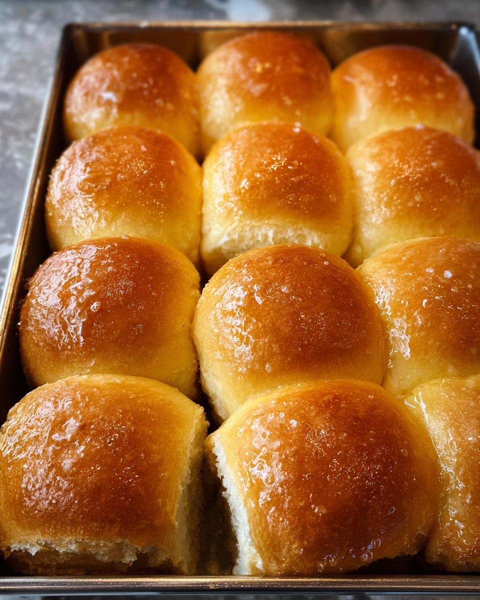 Close-up of golden brown, glistening dinner rolls arranged in a baking pan, perfect for Thanksgiving Sides.