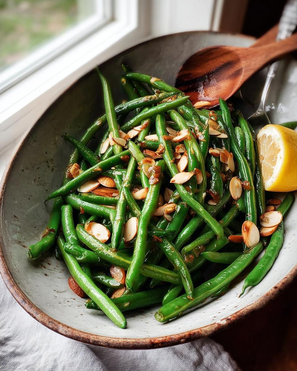 Close-up of a bowl of green beans with sliced almonds and a lemon wedge, a perfect Thanksgiving side dish.