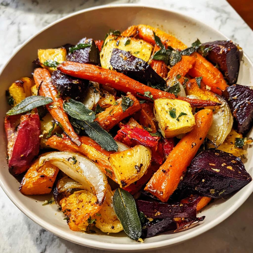 A close-up of a bowl filled with roasted root vegetables including carrots, beets, and onions, seasoned with herbs.