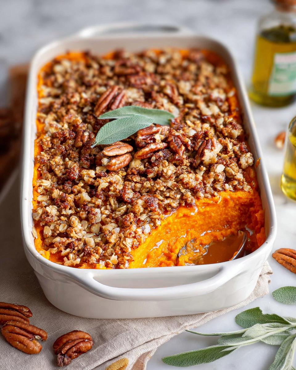 A creamy sweet potato casserole topped with pecans and a crumble, a perfect Thanksgiving side dish.