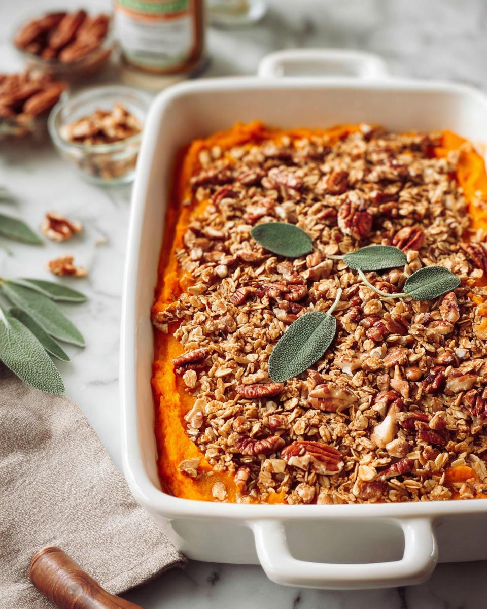 Close-up of a sweet potato casserole topped with pecans and oats, garnished with sage leaves, a perfect Thanksgiving side dish.