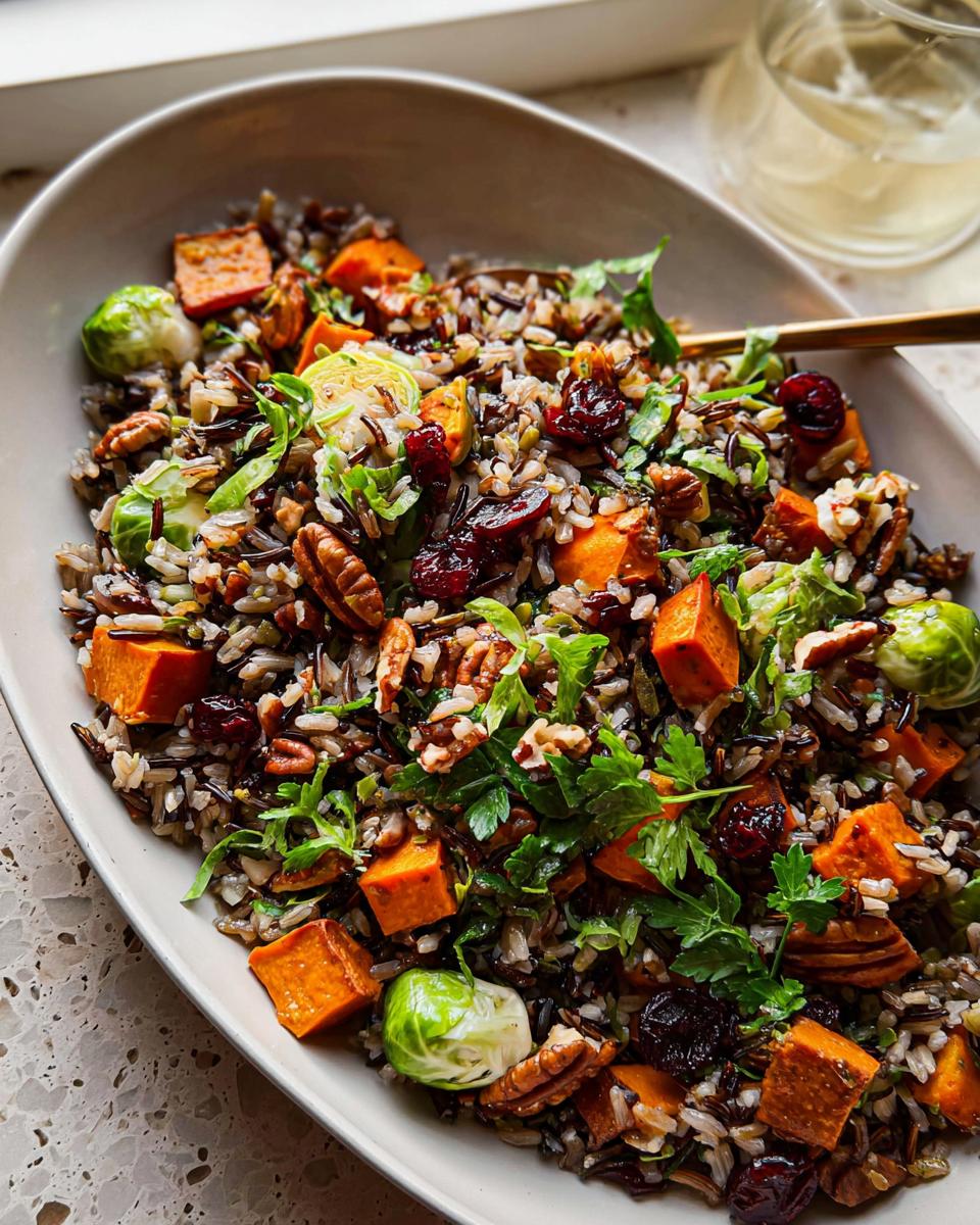 A close-up of a Thanksgiving side dish: wild rice salad with roasted sweet potatoes, Brussels sprouts, pecans, and cranberries.