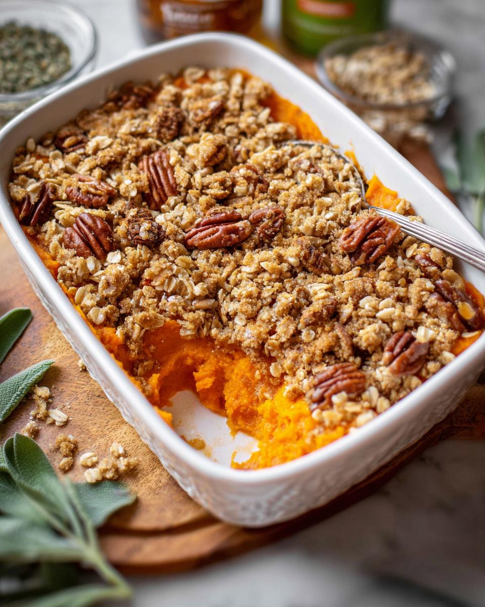 A close-up of a Thanksgiving sweet potato casserole with a pecan and oat crumble topping in a white baking dish.