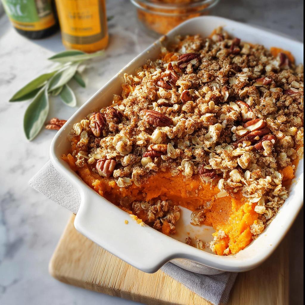 A close-up of a Thanksgiving side dish: sweet potato casserole with a pecan and oat crumble topping in a white baking dish.