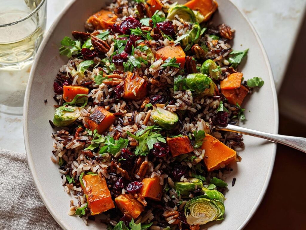 A festive Thanksgiving wild rice salad featuring roasted butternut squash, Brussels sprouts, cranberries, and pecans.